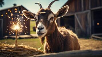 A goat curiously gazes at a sparkler on a farm, capturing a whimsical moment in nature. photo