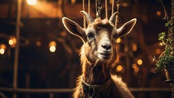 A close-up of a goat with a rustic background and warm lighting. photo