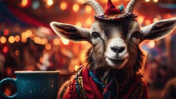 A goat dressed in colorful attire sits beside a blue cup, set against a festive background. photo