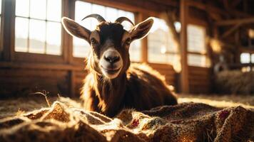 A goat resting on a cozy blanket in a barn, illuminated by soft sunlight. photo