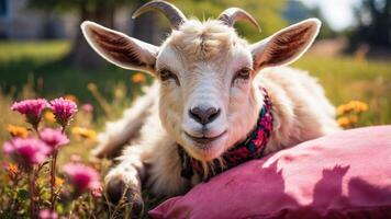 A relaxed goat lounging among colorful flowers on a sunny day. photo