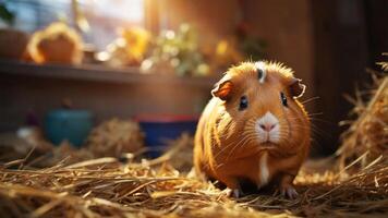 A close-up of a guinea pig in a cozy, straw-filled environment with warm lighting. photo