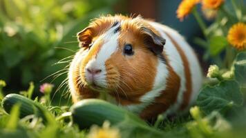 A guinea pig resting among vegetables and flowers in a vibrant garden setting. photo