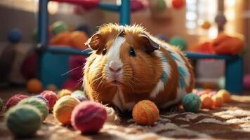 A cute guinea pig surrounded by colorful yarn balls in a cozy indoor setting. photo