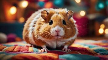 A cute, fluffy guinea pig sitting on a colorful patterned blanket with festive lights in the background. photo