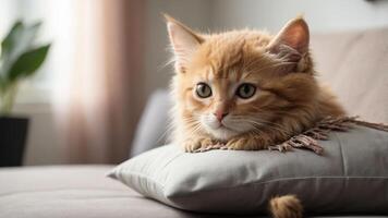 A ginger cat resting on a pillow, looking thoughtfully in a cozy indoor setting. photo