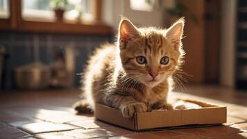 A playful kitten resting in a small cardboard box in a cozy indoor setting. photo