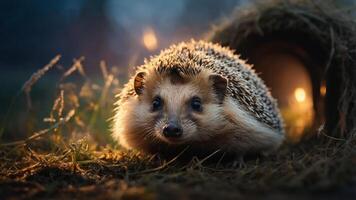 A hedgehog exploring its surroundings near a cozy burrow at dusk. photo