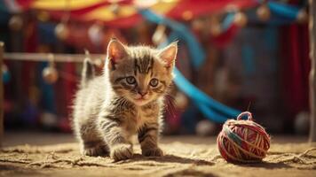 A playful kitten exploring a colorful environment with a yarn ball nearby. photo