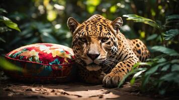 A resting jaguar beside a colorful cushion in a lush green environment. photo