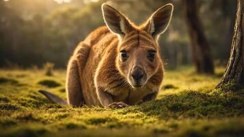A close-up of a kangaroo resting in a serene natural setting. photo