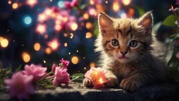 A cute kitten surrounded by flowers and soft lights, evoking a whimsical atmosphere. photo
