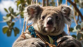A close-up of a koala perched in a tree, showcasing its expressive features and natural habitat. photo