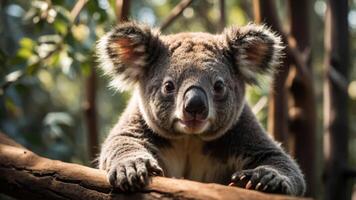 A close-up of a koala resting on a tree branch in a natural setting. photo