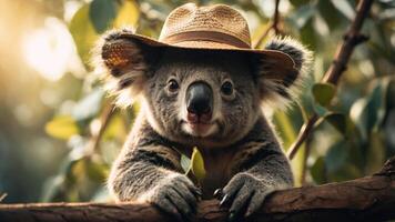 A koala wearing a straw hat, perched on a branch, surrounded by greenery. photo