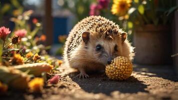 A hedgehog playing with a yellow ball amidst colorful flowers in a garden setting. photo