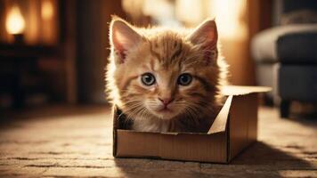 A playful kitten peeks out from a small cardboard box in a cozy setting. photo