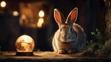 A rabbit sits beside a globe, creating a whimsical, enchanting atmosphere. photo