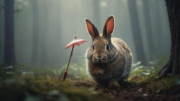 A rabbit stands on a forest path beside a small pink umbrella, creating a whimsical scene. photo