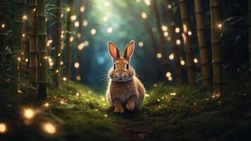 A rabbit sits in a mystical bamboo forest illuminated by soft, glowing lights. photo