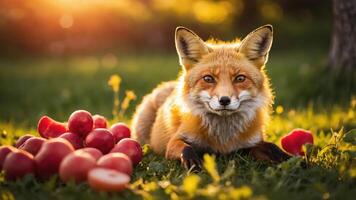 A fox resting among red apples in a sunlit grassy field. photo