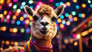 A cheerful llama adorned with colorful decorations against a backdrop of vibrant lights. photo