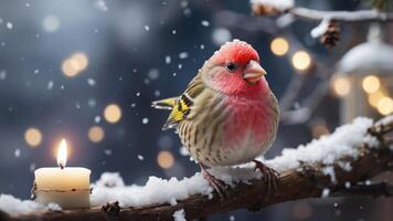 A colorful bird perched on a snowy branch with a candle, creating a cozy winter scene. photo