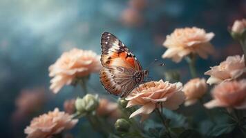 A butterfly perched on soft peach roses, creating a serene and vibrant nature scene. photo