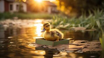 A duckling floats on a small raft in a serene pond during sunset, creating a peaceful scene. photo