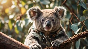 A close-up of a koala resting on a branch amidst lush greenery. photo