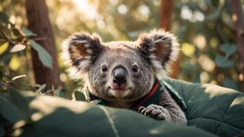 A close-up of a koala resting on a green surface, surrounded by eucalyptus leaves. photo