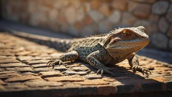 A close-up of a bearded dragon resting on a stone surface in warm sunlight. photo