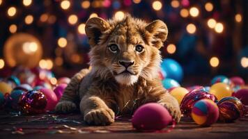 A playful lion cub surrounded by colorful decorations and festive items. photo