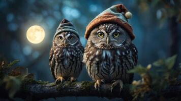 Two owls wearing festive hats perched on a branch under a full moon. photo