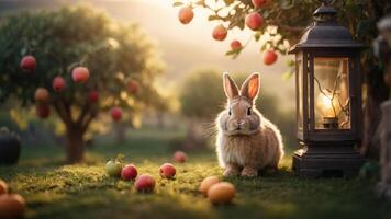 A serene scene of a rabbit near a lantern and apple trees at sunset. photo