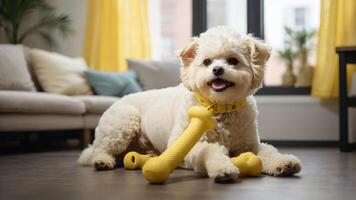 A fluffy dog happily playing with a yellow bone toy in a cozy indoor setting. photo