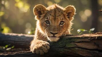 A close-up of a lion cub resting on a log, showcasing its curious expression and natural habitat. photo
