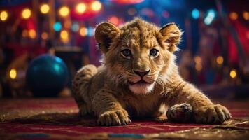 A young lion cub rests on a colorful carpet in a vibrant circus setting. photo