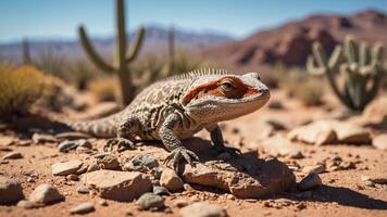 A close-up of a lizard in a desert landscape with cacti and mountains in the background. photo