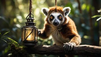 A lemur interacts with a lantern in a lush, green environment. photo