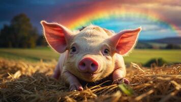 A cute piglet resting on hay with a vibrant rainbow in the background. photo