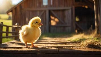 A fluffy yellow chick stands on a wooden path near a rustic barn in a serene countryside setting. photo