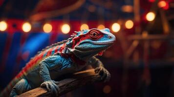 A colorful lizard perched on a branch with festive lights in the background. photo