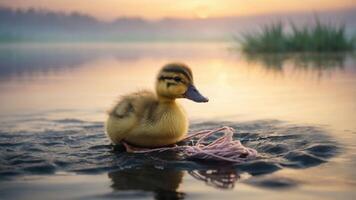 A duckling floats on water, entangled in pink string, against a serene sunrise backdrop. photo