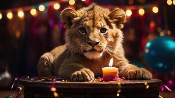 A lion cub sits on a table with a candle, surrounded by festive decorations and lights. photo
