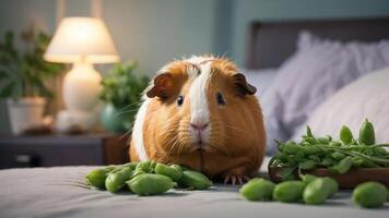 A cute guinea pig surrounded by fresh peas on a bed, creating a cozy atmosphere. photo