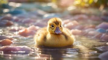 A fluffy duckling swims in a serene pond surrounded by colorful, soft materials. photo