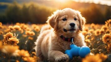 A playful golden retriever puppy running through a field of vibrant flowers at sunset. photo