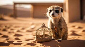 un suricata se sienta junto a un pequeño jaula en arenoso terreno, evocando curiosidad y alegría. foto