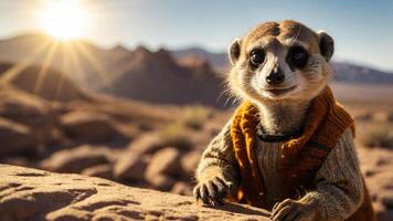 A cute meerkat in a sweater poses in a desert landscape during sunset. photo